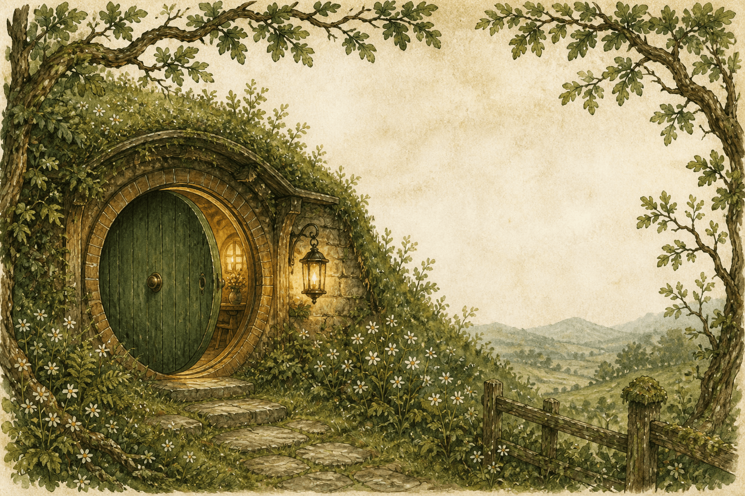 Porta redonda de uma toca hobbit entre colinas, em aquarela